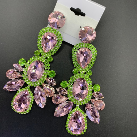 Jewelry - Pink and Green Rhinestone Drop Earrings